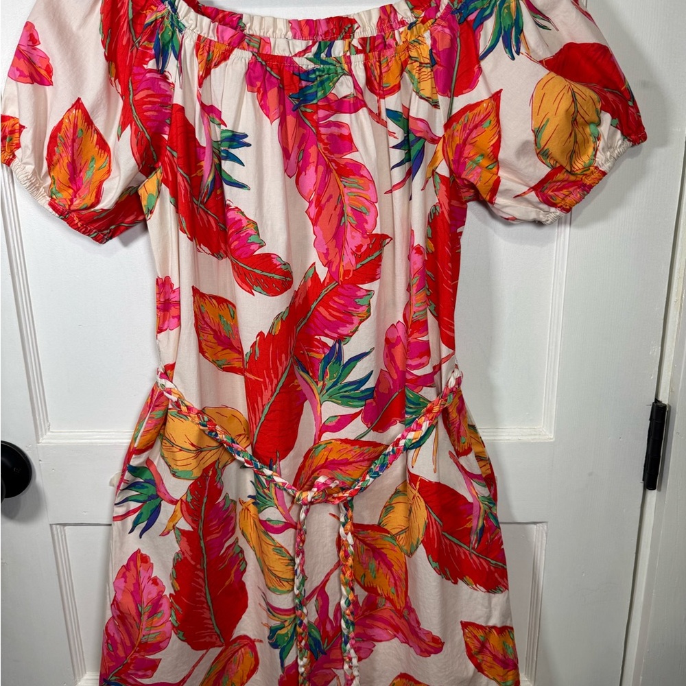 Nine West Pink, Red & Yellow Tropical Off-Shoulder Dress